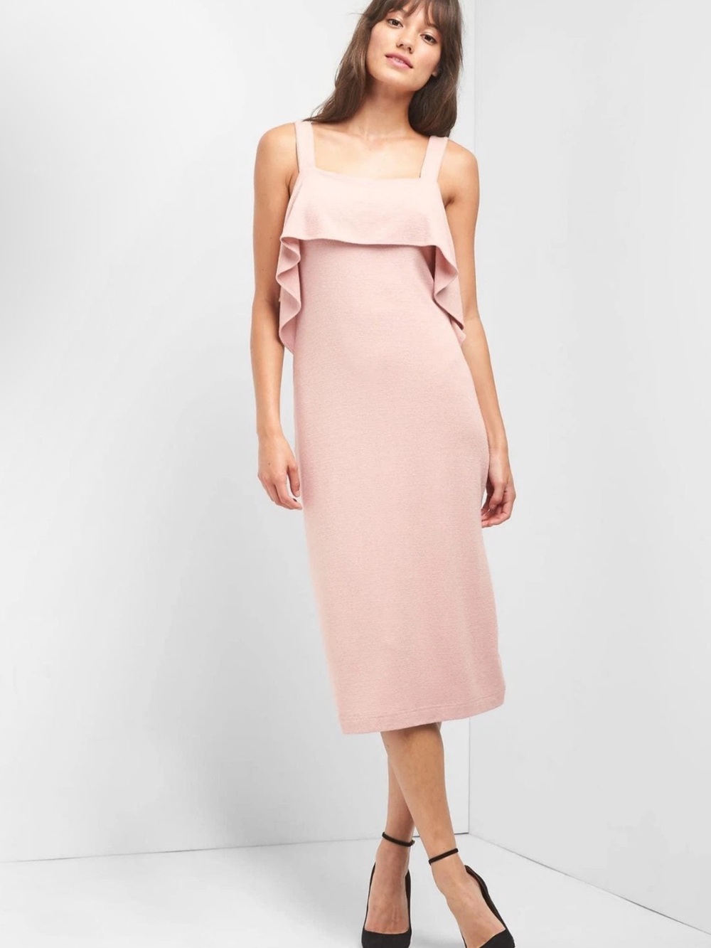 GAP Ruffle-Front Midi Dress in Light Blush